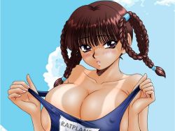 Rule 34 | 1girl, braided hair rings, breasts, cleavage, covered erect nipples, dead or alive, hair rings, jpeg artifacts, large breasts, lei fang, mr.b, name tag, one-piece swimsuit, one-piece tan, school swimsuit, solo, swimsuit, tan, tanline, tecmo