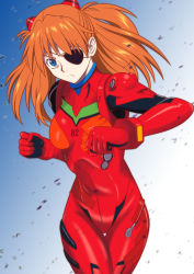 Rule 34 | &gt;:(, 10s, 1girl, bandages, blue eyes, blurry, bodysuit, bracer, breasts, cap (dkdm-d), clenched hand, cowboy shot, crossed legs, debris, depth of field, duct tape, evangelion: 3.0 you can (not) redo, eyepatch, fighting stance, frown, gloves, gradient background, hair ornament, long hair, looking at viewer, neon genesis evangelion, orange hair, plugsuit, rebuild of evangelion, red hair, solo, souryuu asuka langley, standing, thigh gap, turtleneck, v-shaped eyebrows
