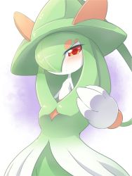 Rule 34 | 1girl, absurdly long hair, blush, colored skin, creatures (company), female focus, flat chest, fusion, game freak, gen 3 pokemon, gen 8 pokemon, gradient background, gradient hair, green hair, green hat, hair over one eye, half-closed eyes, hat, hatterene, kirlia, long hair, looking at viewer, multicolored hair, nintendo, pokemon, pokemon (creature), prehensile hair, purple background, red eyes, simple background, solo, ukan muri, very long hair, white hair, white skin, witch hat