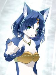 Rule 34 | 1girl, :3, animal ear fluff, animal ears, animal nose, aqua eyes, arm up, bandeau, bare shoulders, blue background, blue fur, blue hair, body fur, breasts, circlet, claws, cleavage, closed mouth, collarbone, crystal, female focus, fox ears, fox girl, furry, furry female, gem, gold, green gemstone, happy, highres, jewelry, krystal, light rays, looking at viewer, namagaki yukina, navel, necklace, nintendo, reaching, reaching towards viewer, red gemstone, short hair, simple background, small breasts, smile, snout, solo, standing, star fox, star fox adventures, stomach, tribal, two-tone fur, upper body, white fur