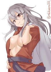 Rule 34 | 1girl, belt, black skirt, breasts, ebifurya, facial scar, gangut (kancolle), grey hair, hand on own hip, highres, jacket, jacket on shoulders, kantai collection, large breasts, long hair, looking at viewer, military jacket, one-hour drawing challenge, orange eyes, red eyes, red shirt, scar, scar on cheek, scar on face, shirt, simple background, skirt, white background, white jacket