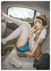 Rule 34 | 1girl, :o, animal ears, backpack, bag, bigxixi, blue eyes, blue shorts, brown hair, car, car interior, cellphone, commentary request, day, denim, denim shorts, feet, hand to own mouth, headphones, highres, knees up, leg up, legs up, long hair, low twintails, monkey ears, monkey tail, motor vehicle, navel, open mouth, original, phone, seatbelt, shirt, shoe soles, shoes, unworn shoes, short shorts, shorts, sitting, sleepy, smartphone, sneakers, solo, sony, stomach, tail, teeth, thighhighs, toes, twintails, upper teeth only, vehicle interior, very long hair, white shirt, white thighhighs, yawning