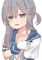 Rule 34 | 1girl, absurdres, blue sailor collar, blush, collarbone, commentary request, flat chest, gloves, grey eyes, grey hair, hickey, highres, kantai collection, long hair, looking at viewer, mole, mole under eye, open clothes, open mouth, open shirt, sailor collar, short ponytail, simple background, smile, soba (sobaya1938), solo, tsushima (kancolle), upper body, white background, white gloves