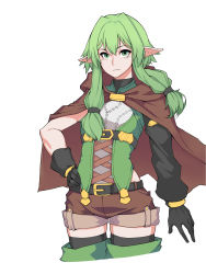 Rule 34 | 1girl, asymmetrical gloves, belt, black belt, black bow, black gloves, black thighhighs, bow, brown capelet, brown shorts, capelet, commentary, elf, flat chest, gloves, goblin (mim9543), goblin slayer!, green eyes, green hair, green thighhighs, hair between eyes, hair bow, hair intakes, hand on own hip, high elf archer (goblin slayer!), highres, long hair, looking at viewer, mismatched gloves, pointy ears, short shorts, shorts, sidelocks, simple background, smile, solo, thighhighs, white background