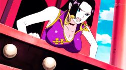 Rule 34 | 2girls, age difference, animated, animated gif, black hair, blue eyes, boa hancock, breasts, cleavage, dress, earrings, jewelry, large breasts, multiple girls, one piece