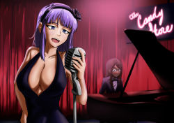 Rule 34 | 10s, 2girls, bare shoulders, blush, bow, bowtie, breasts, cleavage, curtains, dagashi kashi, dress, emo-tan, endou saya, flower, formal, grand piano, hair ornament, hairband, hairclip, hand on own hip, indoors, instrument, large breasts, long hair, looking at viewer, microphone, multiple girls, music, neon lights, no bra, open mouth, piano, purple hair, red curtains, shidare hotaru, short hair, sidelocks, singing, sleeveless, sleeveless dress, suit