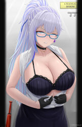 Rule 34 | 1girl, archstreal, bare arms, black choker, black gloves, blue bra, blue eyes, blue hair, blue skirt, blush, bra, breasts, changing room, choker, cleavage, collarbone, collared shirt, earrings, glasses, gloves, grey hair, highres, jewelry, large breasts, looking at viewer, mole, mole under eye, morgan le fay (fate), multicolored hair, office lady, original, parted lips, shirt, shirt tucked in, skirt, solo, star (symbol), star earrings, streaked hair, teacher, underwear, weiss schnee, white shirt