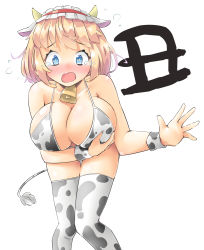 Rule 34 | 1girl, 2021, alice margatroid, alternate costume, animal ears, animal print, arnest, bell, bikini, blonde hair, blue eyes, blush, breast hold, breasts, chinese zodiac, cleavage, collar, cow ears, cow horns, cow print, cow tail, cowboy shot, frilled hairband, frills, hairband, highres, horns, large breasts, lolita hairband, looking at viewer, medium hair, neck bell, open mouth, red hairband, simple background, solo, standing, swimsuit, tail, tears, thighhighs, touhou, white background, wrist cuffs, year of the ox