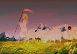 Rule 34 | 1boy, ^ ^, animal, arm at side, barefoot, blurry, bob cut, closed eyes, depth of field, enkidu (fate), fate/grand order, fate (series), field, flag, flock, grass, grazing (livestock), happy, highres, holding, holding flag, hood, hood down, hooded robe, laughing, long sleeves, mountainous horizon, nature, outdoors, pants, profile, purple pants, robe, sheep, shepherd, short hair, sky, walking, white robe, wide sleeves, zhizhicyzey