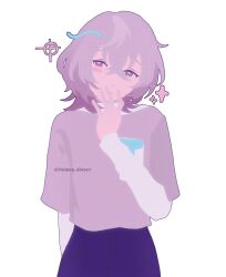 Rule 34 | 1boy, androgynous, covering own mouth, ensemble stars!, grey background, hanamura fuyume, hands on own face, head tilt, highres, long sleeves, male focus, paimon obeyer, pants, purple eyes, purple hair, purple pants, purple shirt, shirt, short hair, solo, sparkle, twitter username, white undershirt