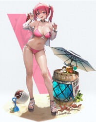 Rule 34 | 1girl, bikini, breasts, cleavage, dfm (darknessdfm), front-tie bikini top, front-tie top, goddess of victory: nikke, highres, large breasts, mast (a pirate&#039;s heart) (nikke), mast (nikke), official art, pink hair, purple eyes, side-tie bikini bottom, solo, standing, swimsuit, twintails