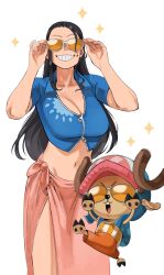 Rule 34 | 1boy, 1girl, absurdres, black hair, blue shirt, breasts, cleavage, collared shirt, cropped shirt, grin, highres, iago fn, jumping, large breasts, long hair, midriff, navel, nico robin, one piece, open mouth, orange-tinted eyewear, orange pants, pants, shirt, simple background, smile, sparkle, sunglasses, teeth, tinted eyewear, tony tony chopper, white background, zipper