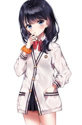 Rule 34 | bad id, bad twitter id, black hair, black skirt, blue eyes, blush, bow, cardigan, closed mouth, gridman universe, hand in pocket, highres, long hair, long sleeves, orange scrunchie, red bow, scrunchie, simple background, skirt, solo, ssss.gridman, sweater, takarada rikka, thighs, weri, white background, white cardigan, white sweater