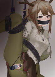 Rule 34 | 1girl, absurdres, antlers, ao oni (onioni-aoi), arknights, arms behind back, bdsm, black skirt, blush, bondage, bound, bound arms, brown eyes, brown hair, clitoral stimulation, deer antlers, deer girl, dildo, egg vibrator, firewatch (arknights), gag, gagged, gradient background, green jacket, green pantyhose, grey background, grey sweater, highres, horns, improvised gag, jacket, jewelry, leg up, long hair, looking at viewer, miniskirt, mole, mole under eye, necklace, object insertion, open clothes, open jacket, pantyhose, pleated skirt, ponytail, pussy, rope, sex toy, skirt, solo, standing, standing on one leg, sweater, torn clothes, torn pantyhose, v-shaped eyebrows, vaginal, vaginal object insertion, vibrator