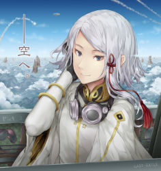 Rule 34 | 10s, 1boy, adjusting hair, blue eyes, cloud, cockpit, dio eraclea, goggles, goggles around neck, hair ornament, hourainingyou, last exile: gin&#039;yoku no fam, looking at viewer, male focus, short hair, silver hair, sky, smile, solo