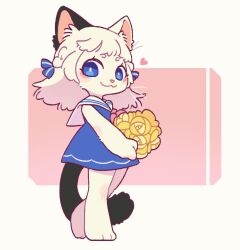 Rule 34 | 1girl, :3, animal ears, black tail, blue dress, blue eyes, blush, bouquet, cat ears, cat girl, cat tail, dress, flower, from side, full body, furry, furry female, heart, holding, holding bouquet, hua hua de meme, long hair, looking at viewer, looking to the side, original, pink background, sailor collar, short eyebrows, sleeveless, sleeveless dress, solo, standing, tail, two-tone background, white background, white fur, white hair, white sailor collar, yellow flower