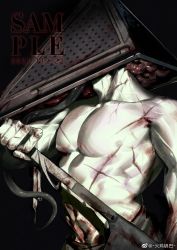 Rule 34 | 1boy, abs, bara, blood, bruise, cloud rad, cuts, dated, from side, helmet, highres, holding, holding weapon, injury, large pectorals, male focus, muscular, muscular male, navel, nipples, pectorals, pyramid head, sample watermark, silent hill (series), silent hill 2, solo, stomach, topless male, upper body, watermark, weapon