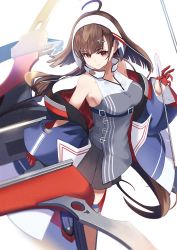 Rule 34 | 1girl, ahoge, anchor hair ornament, arrow (projectile), azur lane, blue footwear, blue jacket, boots, breasts, brown hair, dress, from above, gloves, grey dress, hair ornament, half gloves, highres, holding, holding arrow, independence (azur lane), jacket, knee boots, manjirou (manji illust), medium breasts, off-shoulder jacket, off shoulder, red eyes, red gloves, rigging, rudder footwear, short hair with long locks, simple background, sleeveless, sleeveless dress, solo, standing, white background