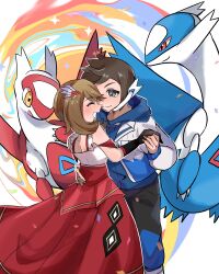 Rule 34 | 1boy, 1girl, black gloves, brendan (pokemon), brendan (sygna suit) (pokemon), brown hair, claws, confetti, creatures (company), dress, earpiece, game freak, gen 3 pokemon, gloves, grey eyes, hand on another&#039;s hip, hetero, highres, holding hands, latias, latios, legendary pokemon, looking at another, may (anniversary 2022) (pokemon), may (pokemon), nintendo, official alternate costume, open mouth, pokemon, pokemon (creature), pokemon masters ex, red dress, red eyes, smile, sparkle, whitecrow9522, wings, yellow eyes