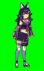 Rule 34 | 1girl, :3, animal ear fluff, animal ears, animated, black hair, black skirt, breasts, brown eyes, fang, green background, green screen, high heels, hololive, long hair, medium breasts, midriff, multicolored hair, navel, ookami mio, ookami mio (1st costume), open hands, open mouth, pixel art, red hair, sailor collar, skirt, smile, solo, streaked hair, tail, tail around own leg, tail wrap, tengu nouzu, thighhighs, video, virtual youtuber, wolf ears, wolf girl, wolf tail