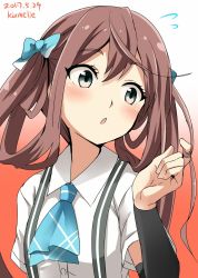 Rule 34 | 10s, 1girl, arm warmers, asagumo (kancolle), ascot, blue ascot, blue ribbon, brown hair, dated, flying sweatdrops, gradient background, grey eyes, hair between eyes, hair ribbon, highres, kamelie, kantai collection, long hair, open mouth, ribbon, shirt, short sleeves, solo, suspenders, twintails, twitter username, white shirt
