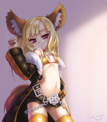 Rule 34 | 10s, 1girl, animal ear fluff, animal ears, arm up, artist request, belt, bikini, bikini top only, blade &amp; soul, blonde hair, chain, clenched hand, coat, dog ears, flat chest, highres, long hair, looking at viewer, lyn (blade &amp; soul), miniskirt, naughty face, navel, off shoulder, purple eyes, simple background, skirt, smile, solo, swimsuit, tail, thighhighs, twintails, two side up, zettai ryouiki