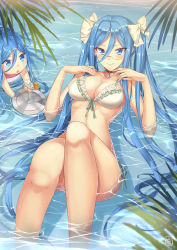 Rule 34 | 10s, 2015, 2girls, afloat, aoki hagane no arpeggio, bendy straw, bikini, blue eyes, blue hair, blush, bow, breasts, chibi, choker, cleavage, cocktail glass, cup, drinking glass, drinking straw, dual persona, food, frilled bikini, frills, front-tie bikini top, front-tie top, fruit, glasses, hair between eyes, hair bow, hair ribbon, hands on own chest, highres, ice, ice cube, knees up, large breasts, long hair, looking at viewer, luzi, lying, mole, mole under mouth, multiple girls, on back, orange (fruit), orange slice, parted bangs, partially submerged, ponytail, ribbon, rimless eyewear, side-tie bikini bottom, signature, smile, swimsuit, takao (aoki hagane no arpeggio), tray, tsurime, twintails, very long hair, water, white bow