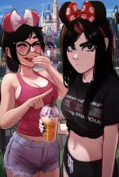 Rule 34 | 2girls, animal ears, black hair, black shirt, black shorts, blue eyes, blue shorts, bow, breasts, cleavage, closed eyes, closed mouth, clothes writing, commentary, cowboy shot, cup, day, disneyland, drinking straw, english commentary, fake animal ears, freckles, frown, glasses, hair bow, hand up, highres, holding, holding cup, large breasts, laughing, long hair, looking at viewer, midriff, minnie mouse, mouse ears, multiple girls, navel, open mouth, original, pointing, pointing at another, polka dot, polka dot bow, red tank top, rosen (veyonis), shirt, short sleeves, shorts, small breasts, standing, tank top, teeth, upper teeth only, veyonis, yuna (veyonis)