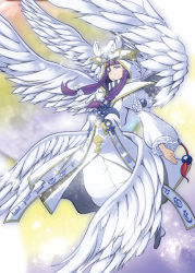 Rule 34 | 1girl, alternate costume, angel wings, flying, hat, long hair, multiple wings, patchouli knowledge, purple hair, robe, seraph, touhou, tsuji kazuho, tsuji kazuo, wings