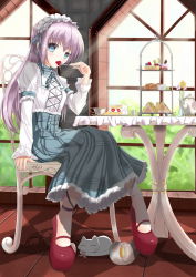 Rule 34 | 1girl, blue eyes, blush, cake, cake slice, chair, cream puff, cup, eating, fatkewell, flower, food, fork, frills, fruit, fruit tart, gothic lolita, hairband, highres, indoors, light rays, lolita fashion, long hair, mary janes, original, plaid, plaid skirt, purple hair, ribbon, sandwich, saucer, shoes, sitting, skirt, solo, strawberry, strawberry shortcake, sunbeam, sunlight, table, tart (food), tea, teacup, teapot, tiered serving stand, tiered tray, window