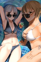 Rule 34 | 2girls, absurdres, arm support, armpits, arms behind head, bikini, black bikini, blonde hair, blush, brave witches, breasts, brown eyes, cleavage, closed mouth, cocktail, collarbone, drink, edytha rossmann, highres, hiroshi (hunter-of-kct), large breasts, looking at viewer, looking over eyewear, looking over glasses, lying, multiple girls, navel, on back, short hair, side-tie bikini bottom, small breasts, smile, sunglasses, swimsuit, tinted eyewear, waltrud krupinski, white bikini, white hair, world witches series