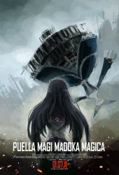 Rule 34 | 10s, 1girl, 2011, akemi homura, argyle, battle los angeles, black hair, blurry, drawfag, dress, fog, frilled dress, frilled skirt, frilled sleeves, frills, from behind, gears, gown, highres, long hair, magical girl, mahou shoujo madoka magica, mahou shoujo madoka magica (anime), movie poster, no eyes, non-web source, outstretched arms, parody, poster (medium), ribbon, ruins, shaft (company), skirt, smile, smoke, sparks, upside-down, walpurgisnacht (madoka magica)