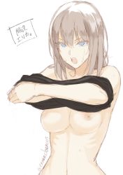 Rule 34 | 10s, 1girl, absurdres, blue eyes, breasts, cleavage, cosmic (crownclowncosmic), girls und panzer, grey hair, highres, inverted nipples, itsumi erika, navel, nipples, open mouth, simple background, solo, sweat, twitter username, white background