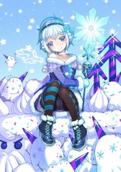 Rule 34 | 1boy, blue eyes, blue hair, boots, bulge, buttons, choker, cookie run, dress, earmuffs, ghost, hair ornament, knees together feet apart, looking at viewer, male focus, mittens, panties, pantyhose, print pantyhose, riccae, short hair, smile, snow sugar cookie, snowflakes, solo, star (symbol), trap, underwear, wand, white panties, wings