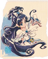 Rule 34 | 1girl, artist logo, blue eyes, blue hair, bow, commentary request, cure white, detached sleeves, dress, earrings, eyelashes, frilled dress, frills, futari wa precure, futari wa precure max heart, graph paper, hair bow, hair ornament, half updo, happy, heart, heart earrings, jewelry, kamikita futago, long hair, looking at viewer, magical girl, official art, paper background, precure, purple background, smile, solo, upper body, watercolor background, white bow, white dress, yukishiro honoka