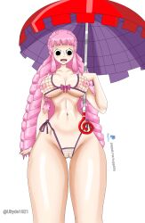 Rule 34 | 1girl, artist name, artist request, bare shoulders, black eyes, black hat, bra, braid, breasts, cleavage, cleft of venus, hat, highleg, highleg panties, highres, holding, holding umbrella, large breasts, long hair, looking at viewer, one piece, panties, partially visible vulva, perona, pink hair, pussy, see-through, see-through panties, side-tie panties, simple background, solo, thong, tongue, tongue out, umbrella, underwear, underwear only, very long hair, white background