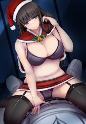 Rule 34 | 10s, 1boy, 1girl, adjusting hair, bell, black bra, black panties, black thighhighs, blunt bangs, bra, breasts, capelet, closed eyes, commentary, garter straps, girls und panzer, hat, highres, hime cut, husband and wife, indoors, jingle bell, large breasts, long hair, looking at viewer, mature female, microskirt, nishizumi shiho, nishizumi tsuneo, panties, pov, red hat, red skirt, santa costume, santa hat, shade, sitting, skirt, smile, straddling, thighhighs, underwear, yuzumiya mono