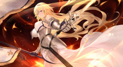Rule 34 | 1girl, armor, armored dress, bare shoulders, blonde hair, breasts, cangkong, chain, dual wielding, fate/apocrypha, fate/grand order, fate (series), faulds, flag, flowing dress (dq), gauntlets, gloves, glowing, glowing sword, glowing weapon, headpiece, highres, holding, holding flag, holding sword, holding weapon, jeanne d&#039;arc (fate), jeanne d&#039;arc (ruler) (fate), jeanne d&#039;arc (third ascension) (fate), large breasts, long hair, plackart, purple eyes, scabbard, sheath, solo, standard bearer, sword, very long hair, weapon