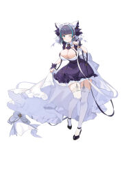 Rule 34 | 1girl, absurdres, animal ears, aqua hair, ayuuuu layz, azur lane, black footwear, black hair, black ribbon, blue eyes, blush, bow, breasts, cheshire (azur lane), chinese commentary, cleavage, closed mouth, dress, fake animal ears, fang, frilled bow, frills, full body, garter straps, hair bow, high heels, highres, jewelry, large bow, large breasts, long ribbon, looking at viewer, maid headdress, multicolored hair, one eye closed, purple dress, ribbon, short hair, simple background, skirt hold, smile, solo, standing, standing on one leg, streaked hair, thighhighs, thighs, two-tone hair, white background, white bow, white ribbon, white thighhighs, wing collar, wrist cuffs, zettai ryouiki