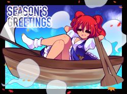 Rule 34 | 1girl, :d, black background, boat, breasts, cleavage, closed eyes, commentary, crossed legs, dated, english commentary, english text, full body, ghost, hair bobbles, hair ornament, highres, large breasts, lying, on back, onozuka komachi, open mouth, outdoors, paddle, red hair, rhythm pagi, scythe, signature, smile, socks, solo, touhou, two side up, watercraft, white socks