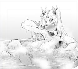 Rule 34 | 1girl, armpits, bath, blush, breasts, cleavage, dekosukentr, fate/grand order, fate (series), full-face blush, greyscale, ishtar (fate), ishtar (fate), large breasts, long hair, looking at viewer, monochrome, nipples, nude, open mouth, smile, solo, tohsaka rin, twintails, water, wet