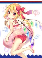 Rule 34 | 1girl, :p, absurdres, ass, bare arms, bare legs, bare shoulders, barefoot, beads, bikini, blush, bow, commentary request, crystal, feet out of frame, flandre scarlet, food, from behind, hair beads, hair between eyes, hair bow, hair ornament, hairclip, halterneck, highres, holding, holding food, ice cream, ice cream cone, innertube, leg up, long hair, looking at viewer, looking back, no headwear, red bikini, red bow, ruhika, shell hair ornament, side-tie bikini bottom, side ponytail, silhouette, smile, solo, star (symbol), starry background, swim ring, swimsuit, thighs, tongue, tongue out, touhou, white background, wings, x hair ornament