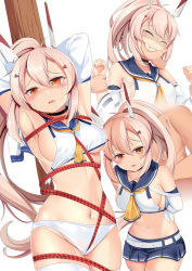 Rule 34 | 1girl, armpits, arms behind back, arms up, ayanami (azur lane), azur lane, bare shoulders, bdsm, belt, blue sailor collar, blue skirt, blush, bondage, bound, breasts, closed eyes, crop top, crying, crying with eyes open, hair between eyes, hair ornament, headgear, high ponytail, highres, long hair, looking at viewer, medium breasts, multiple views, navel, panties, pleated skirt, ponytail, rape, red eyes, restrained, sailor collar, school uniform, shirt, sideboob, sidelocks, skirt, tears, thighhighs, underwear, wet, wet clothes, wet panties, white background, white belt, white panties, white shirt, white thighhighs, yasume yukito, yellow neckwear