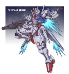 Rule 34 | absurdres, beam rifle, character name, commentary, energy gun, english commentary, english text, flying, full body, green eyes, gun, gundam, gundam aerial, gundam suisei no majo, highres, holding, holding gun, holding weapon, jellen squish, leg up, mecha, mobile suit, no humans, robot, solo, v-fin, weapon