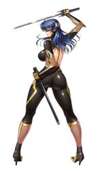 Rule 34 | 1girl, armor, ass, back, blue hair, bodysuit, breasts, covered eyes, curvy, female focus, full body, gold armor, gold trim, highres, holding, holding sword, holding weapon, katana, kneepits, large breasts, legs apart, lilith-soft, long hair, looking back, shika asatsuki, simple background, skin tight, smile, solo, standing, sword, taimanin (series), taimanin asagi, taimanin asagi kessen arena, taimanin rpgx, thighs, weapon, white background, zol
