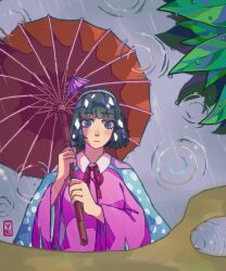 Rule 34 | 1other, amanomiya jun, androgynous, black hair, blue cape, blue eyes, blunt bangs, blunt ends, bow, bowtie, cape, closed mouth, collar, collared shirt, commentary, expressionless, eyelashes, hairband, holding, holding umbrella, japanese clothes, leaf, len&#039;en, light blush, long sleeves, oil-paper umbrella, other focus, outdoors, pink shirt, pink sleeves, polka dot capelet, puddle, rain, red bow, red bowtie, red pupils, red umbrella, reflection focus, ripples, shirt, short hair, signature, solo, symbol-only commentary, two-tone cape, umbrella, umbrella hair ornament, upper body, waiwa way, white cape, white collar, white hairband, wide sleeves