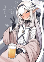 Rule 34 | 1girl, :q, @ @, absurdres, alcohol, beer, beer mug, black gloves, black hairband, blue archive, blush, closed mouth, cup, drunk, flower, gloves, grey hair, hair flower, hair ornament, hair tubes, hairband, halo, highres, himari (blue archive), holding, holding cup, jacket, kurosteel ds, long hair, long sleeves, looking at viewer, mole, mole under eye, mug, pointy ears, purple eyes, sitting, smile, solo, squeans, tongue, tongue out, translation request, v, white jacket
