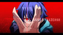 Rule 34 | 1boy, asanaka yomogi, blue hair, gridman universe, hair ornament, hairclip, highres, hood, hoodie, instance domination, jacket, looking at viewer, male focus, red background, red eyes, rituka, shirt, short hair, ssss.dynazenon, v, zooming in