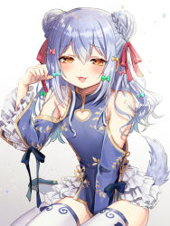 Rule 34 | 1boy, animal ears, blue hair, bow, dog boy, dog ears, dog tail, hair ornament, hairclip, highres, inuyama tamaki, japanese clothes, noripro, orange eyes, resolution mismatch, source larger, tail, thick thighs, thighhighs, thighs, trap, tyuraba, virtual youtuber