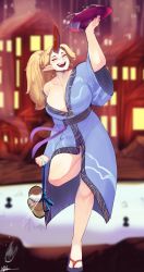 Rule 34 | 1girl, alcohol, blonde hair, blue footwear, blue kimono, blurry, blurry background, breasts, cleavage, closed eyes, collarbone, commentary, cup, english commentary, eyelashes, full body, gourd, happy, highres, horns, hoshiguma yuugi, hoshiguma yuugi (kimono), japanese clothes, kelbhin, kimono, large breasts, leg up, long sleeves, off shoulder, oni, oni horns, open mouth, ponytail, purple sash, red horns, sakazuki, sandals, sash, sharp teeth, single horn, solo, standing, sunken fossil world, teeth, touhou, upper teeth only, wide sleeves, zouri